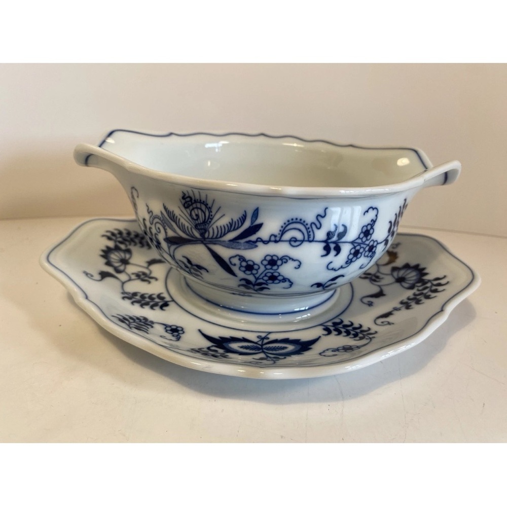 Vintage Blue Danube Blue Onion Gravy Bowl with attached drip plate